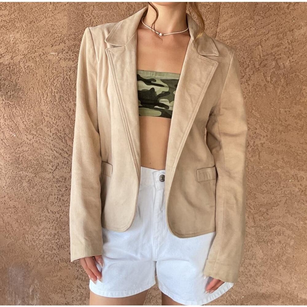 Vintage Tan Leather Suede Blazer Jacket Minimalist Western Style, Size Small
